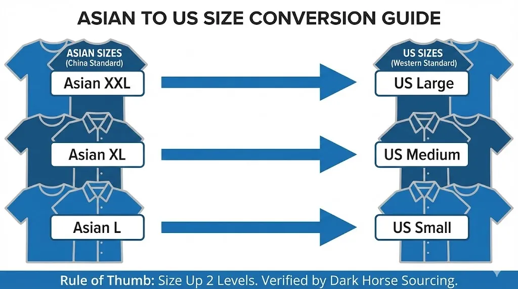 Infographic dar teideal ‘Asian to US Size Conversion Guide’ le Dark Horse Sourcing, ag taispeáint difríochtaí méid éadaí idir an tSín agus caighdeáin an Iarthair, ag léiriú go bhfuil na hÁise XXL ina US Mór, XL Meánach, agus L Is beag.